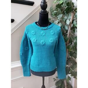 Madison Grey Sweater Women Small Aqua Floral Knit Long Sleeve Crew Neck Pullover